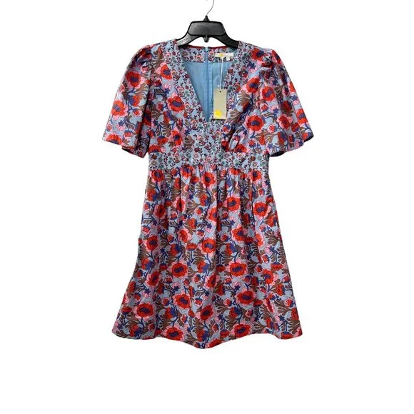 New Boden Size 6R V-Neck Contrast Detail Dress Dusty Blue, Terrace Bud Summer - Picture 3 of 15